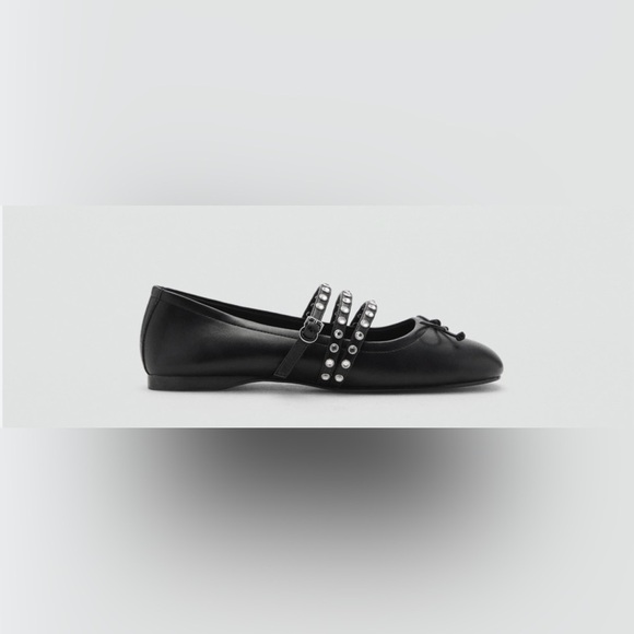 MANGO MNG Women’s Silver STUDDED Black BALLET FLATS WITH STRAPS Size 35/5 - Picture 14 of 16